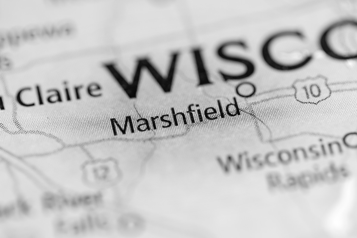 map zoomed in to Marshfield, Wisconsin