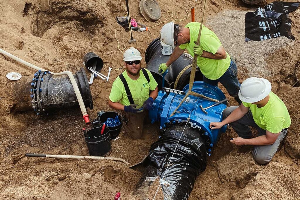 workers installing pipes, one worker is smiling and wearing sunglasses