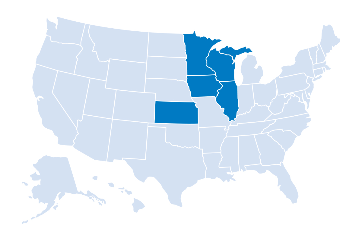 US map with Kansas, Illinois, Iowa, Minnesota, and Wisconsin lit up in blue
