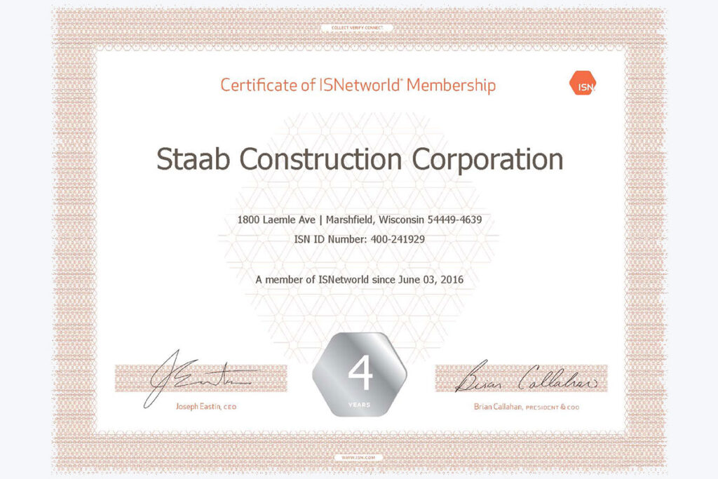 Certificate of ISNetworld Membership "Staab Construction Corporation"